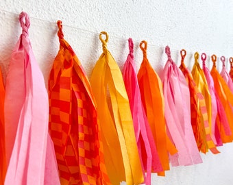 Tassel Garland, Smiley Face Party, One Happy Birthday, Groovy, Banner, Girl, Pink Orange, Checkered Decor, Retro, 70s 80s 90s Preppy