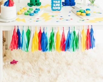 Superhero Tissue Tassel Garland, Superhero Party Decor, Boy Birthday Tassel Garland, Hero Party Decor, Boy Comic Party Decor, Boy Banner