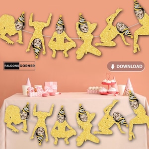 May include: A gold glitter banner with a silhouette of a person in a suggestive pose. The banner has a space for a photo to be inserted. The banner is decorated with a party hat that says "40". The banner is displayed on a table with a pink tablecloth. The text "DOWNLOAD" is visible in the image.
