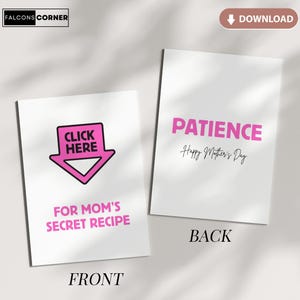 Cartão engraçado para o dia das mães Cartão para impressão para a mãe Dia das mães Receita secreta digital Citação Presente exclusivo para o dia das mães de filha, filho e filho