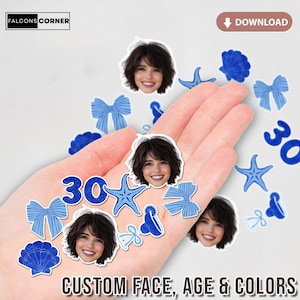 Decoración costera para fiesta de cumpleaños, confeti azul imprimible, confeti de cumpleaños con caras personalizadas, suministros para fiestas de cumpleaños en la playa para cualquier edad.