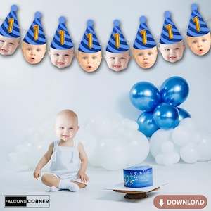 Baby Face Birthday Banner, Printable Different Photos Kids Birthday Party, Digital Baby Birthday Hat Picture Decor for Boy Girl Birthday
