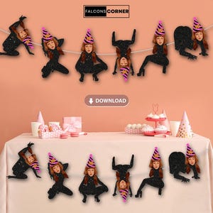 Peut inclure: Une bannière d'anniversaire imprimable avec une silhouette noire d'une personne portant un chapeau de fête. La bannière est décorée de paillettes roses et dorées et du texte "30".