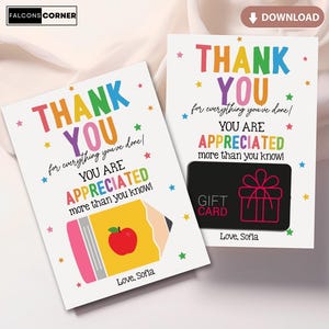 Biglietto di ringraziamento per l'insegnante, stampabile, porta-carte regalo modificabile per l'insegnante, biglietto per l'ultimo giorno di scuola dell'insegnante