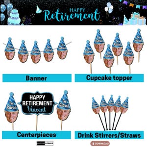 Retirement Party Decor, Printable Happy Retirement Party Supplies Bundle, Digital Custom Face Retirement Decor for Men
