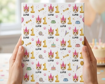 Papel de regalo personalizado para cumpleaños de mascotas, envoltorio de regalo con foto de cara de gato