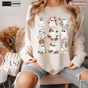 Retro Floral Ghosts PNG, Vintage Ghosts with Flowers, Cute Halloween Boujee Ghost, Spooky Season PNG, Retro Halloween Design