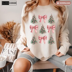 Christmas Tree Coquette Bow PNG, Pink Retro Christmas Sublimation, Girly Holiday Aesthetic Design