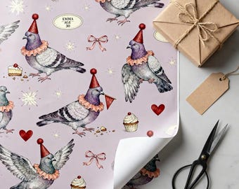 Personalized Birthday Wrapping Paper, Custom Name and Age Party Pigeons Gift Wrap, Vintage Hand-Illustrated Gift Wrap Sheets