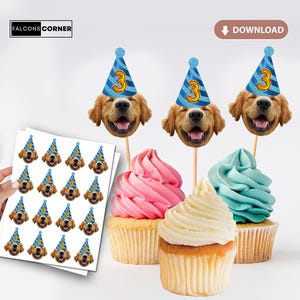 Custom Dog Cupcake Toppers, Digital Puppy Birthday Party Cake Toppers, Personalized Dog Party Decor Unique Gift for Dog and Owner