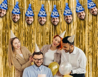 Personalized Head Face Banner, Custom Birthday Banner Face with Hat, Digital Birthday Decorations Face Banner Gift for His Birthday
