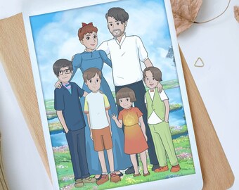 Anime Family Custom Portrait, Personalized Caricature, studio ghibli commission, Portrait Gift Custom anniversary gift - art gifts
