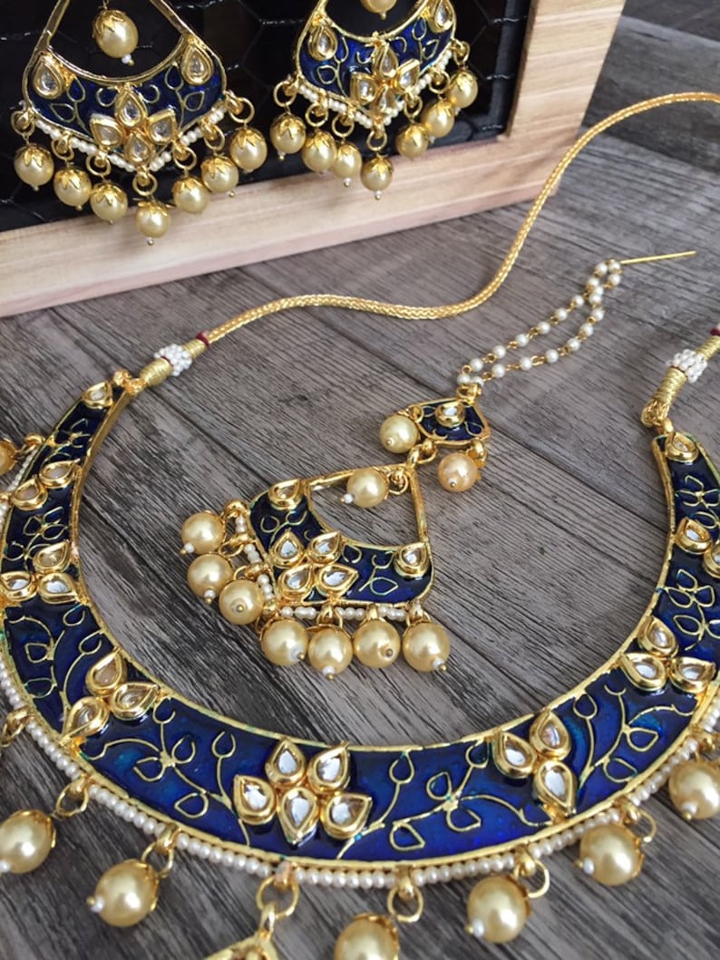 Marchioness gold Bollywood Pearl and Crystal Rhinestone Kundan Indian Jewelry Polki Earrings and Necklace Multilayer Set kundan Jewelry