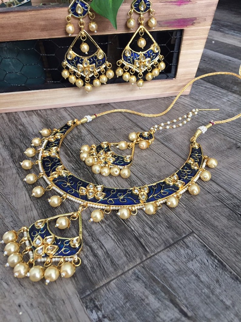 Marchioness gold Bollywood Pearl and Crystal Rhinestone Kundan Indian Jewelry Polki Earrings and Necklace Multilayer Set kundan Jewelry