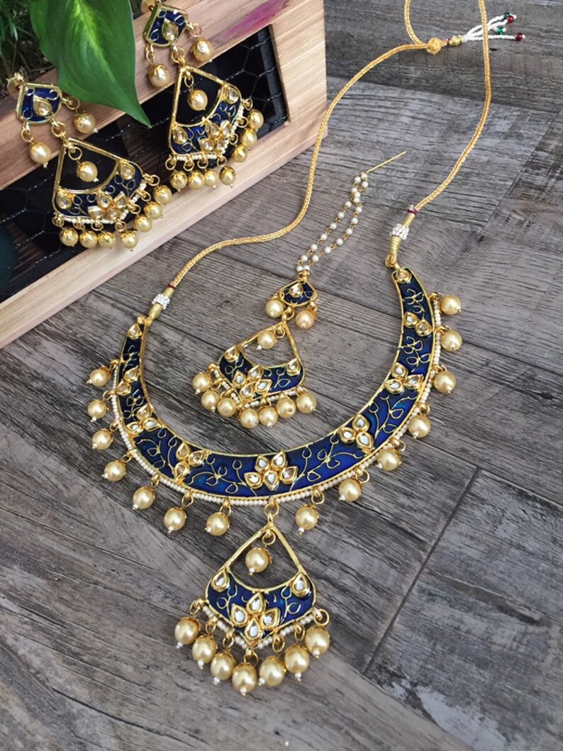 Marchioness gold Bollywood Pearl and Crystal Rhinestone Kundan Indian Jewelry Polki Earrings and Necklace Multilayer Set kundan Jewelry