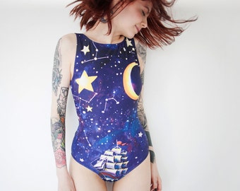 Sailboat one piece swimsuit, Girls swim suit Blue star sky Exclusive beach swimwear onepiece Galaxy retro swimsuit Bathing suit TRAVELLER