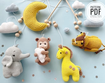 Gehäkelte Baby Mobile, Safari Tiere: Löwe, Giraffe, Affe und Elefant /Anleitung/PDF/Nur Englisch/ Amigurumi, Safari Tiere häkeln