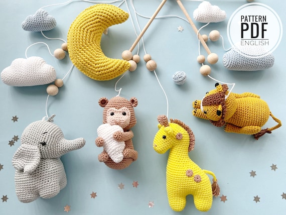 Crochet Baby Mobile Safari Animals Lion Giraffe Monkey and Elephant pattern pdf english Only Amigurumi Crochet Safari Animals Etsy