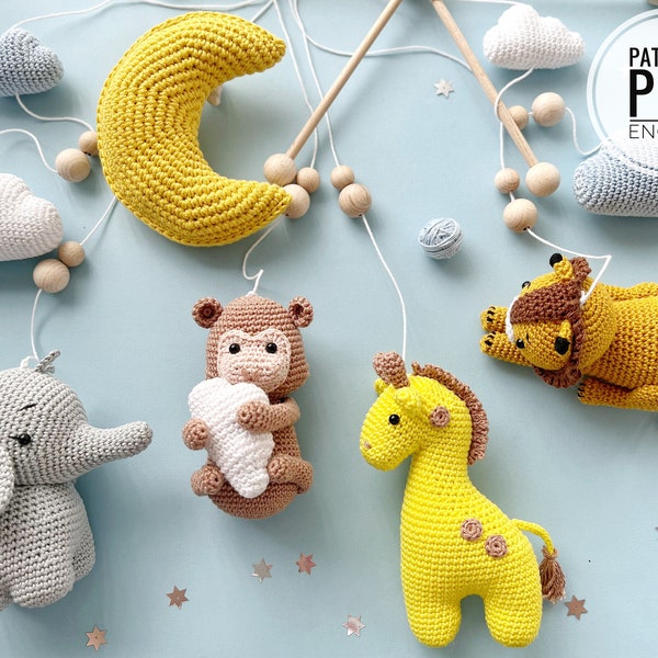 Crochet Baby Mobile, Safari Animals : lion, girafe, singe et éléphant /Pattern/PDF/Anglais seulement/ Amigurumi, Crochet Safari Animals