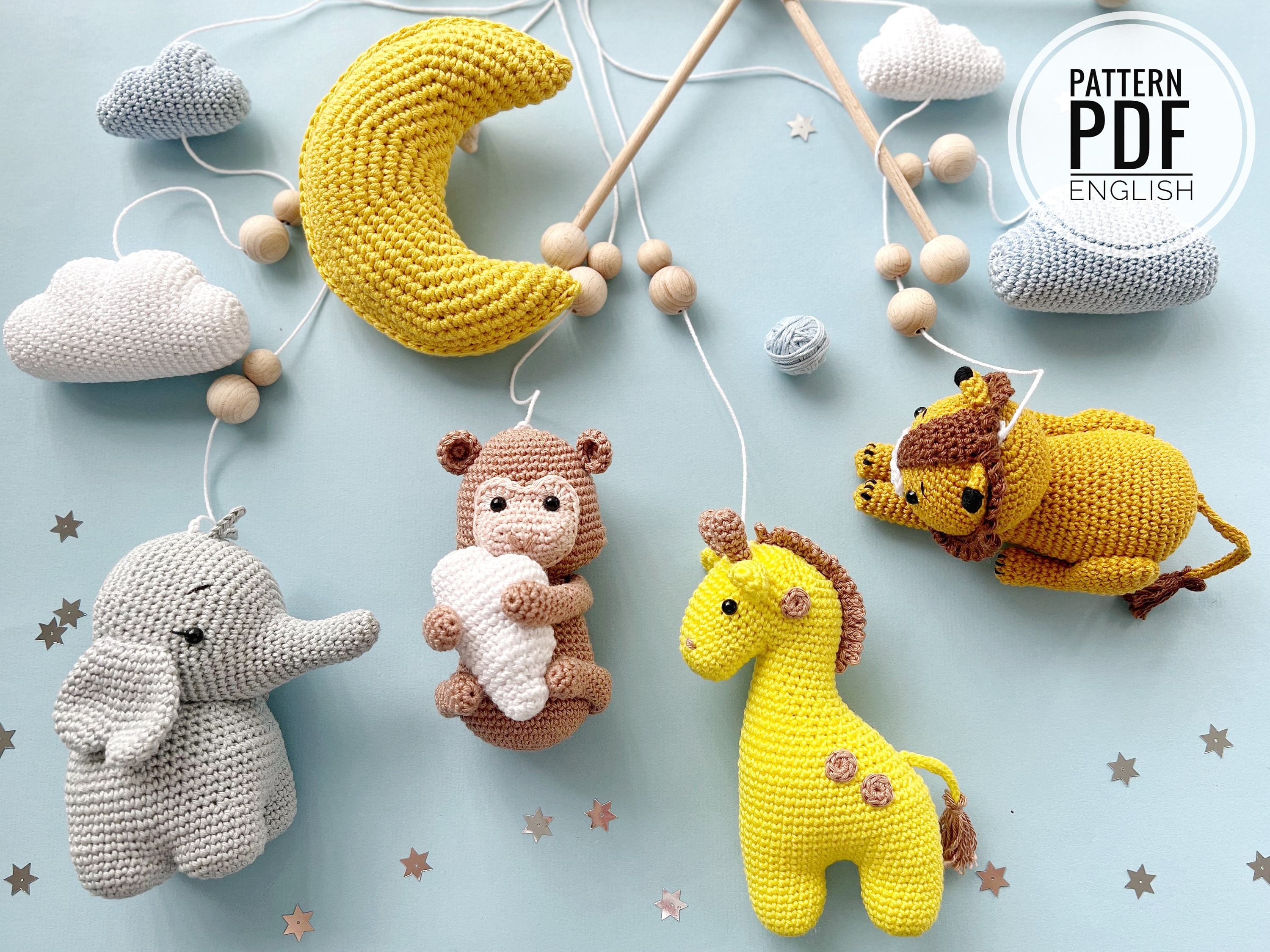 Crochet Baby Mobile, Safari Animals: Lion, Giraffe, Monkey and