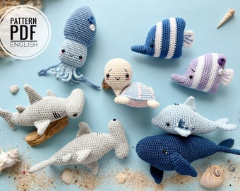 Crochet Sea Animals: dolphin, fish, octopus, turtle, blue whale and hammer shark /Pattern/PDF/English only/ Amigurumi, Crochet toys, Newborn