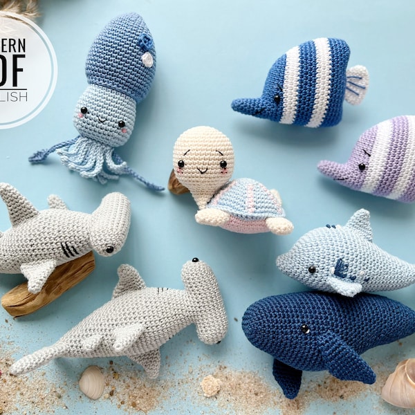 Animaux marins au crochet : dauphin, poisson, poulpe, tortue, rorqual bleu et requin marteau /Motif/PDF/en anglais uniquement/ Amigurumi, jouets au crochet, nouveau-né