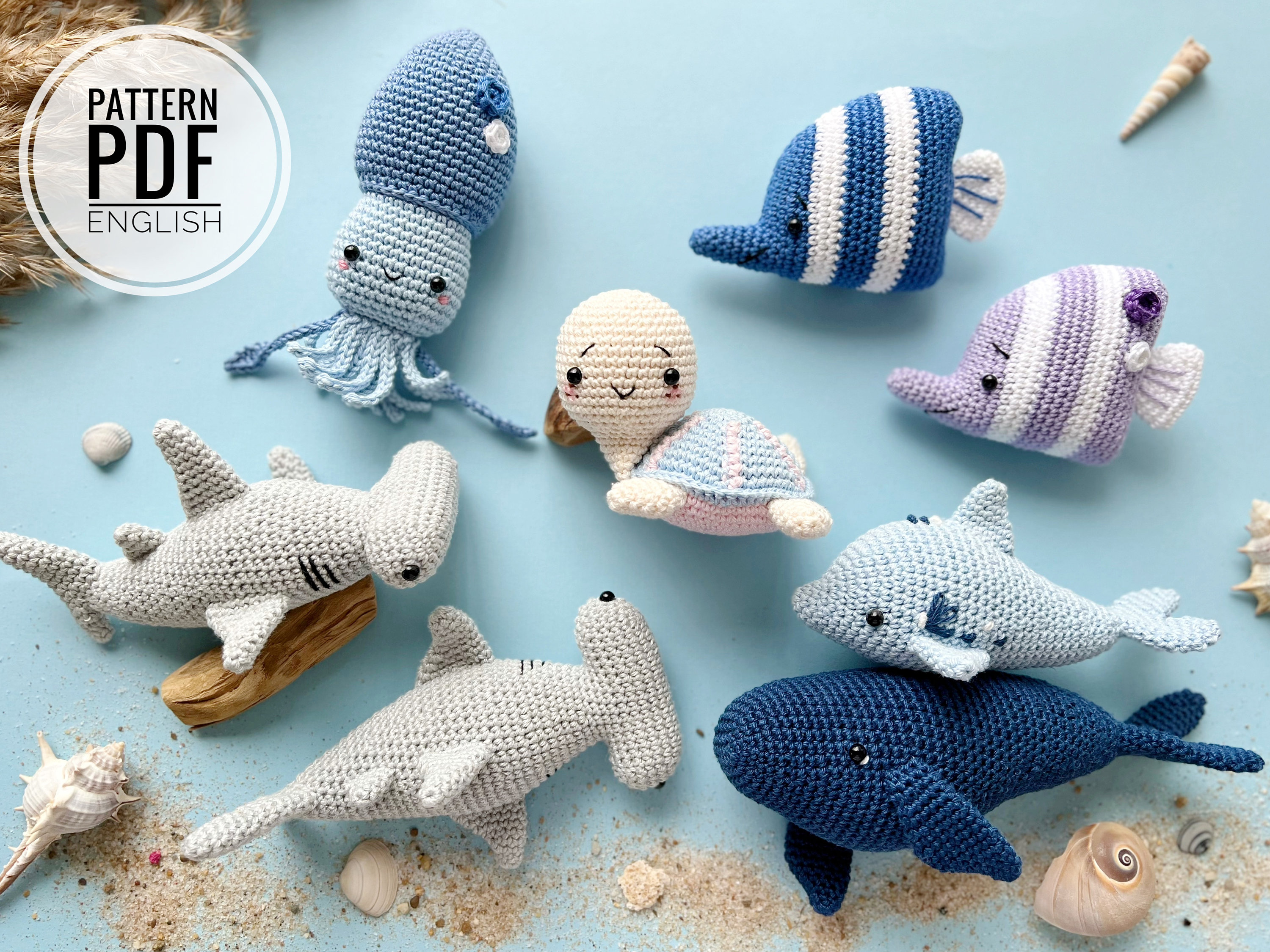 Crochet Sea Animals: Dolphin Fish Octopus Turtle Blue Whale and Hammer  Shark /pattern/pdf/english Only/ Amigurumi Crochet Toys Newborn 