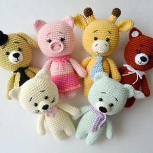 Crochet Animals: giraffe, cat, dog, fox, piggy and bear, Pattern, PDF, English and Dutch, Small Pets, Amigurumi