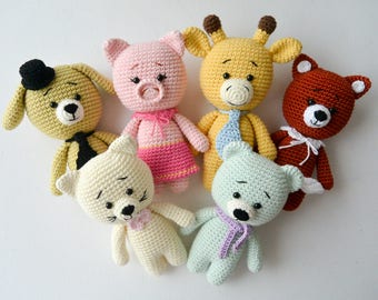 Crochet Animals: giraffe, cat, dog, fox, piggy and bear, Pattern, PDF, English and Dutch, Small Pets, Amigurumi