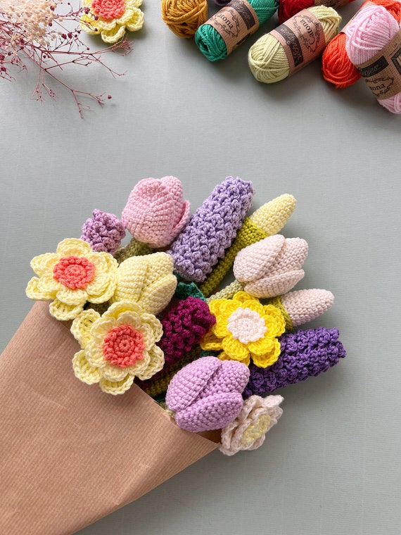 Crochet Spring Flowers in Vase, Tulips, Lavenders and
