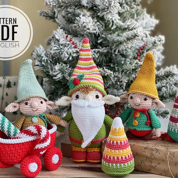 Patrón de gnomos navideños de ganchillo con carrito y árbol (PDF)