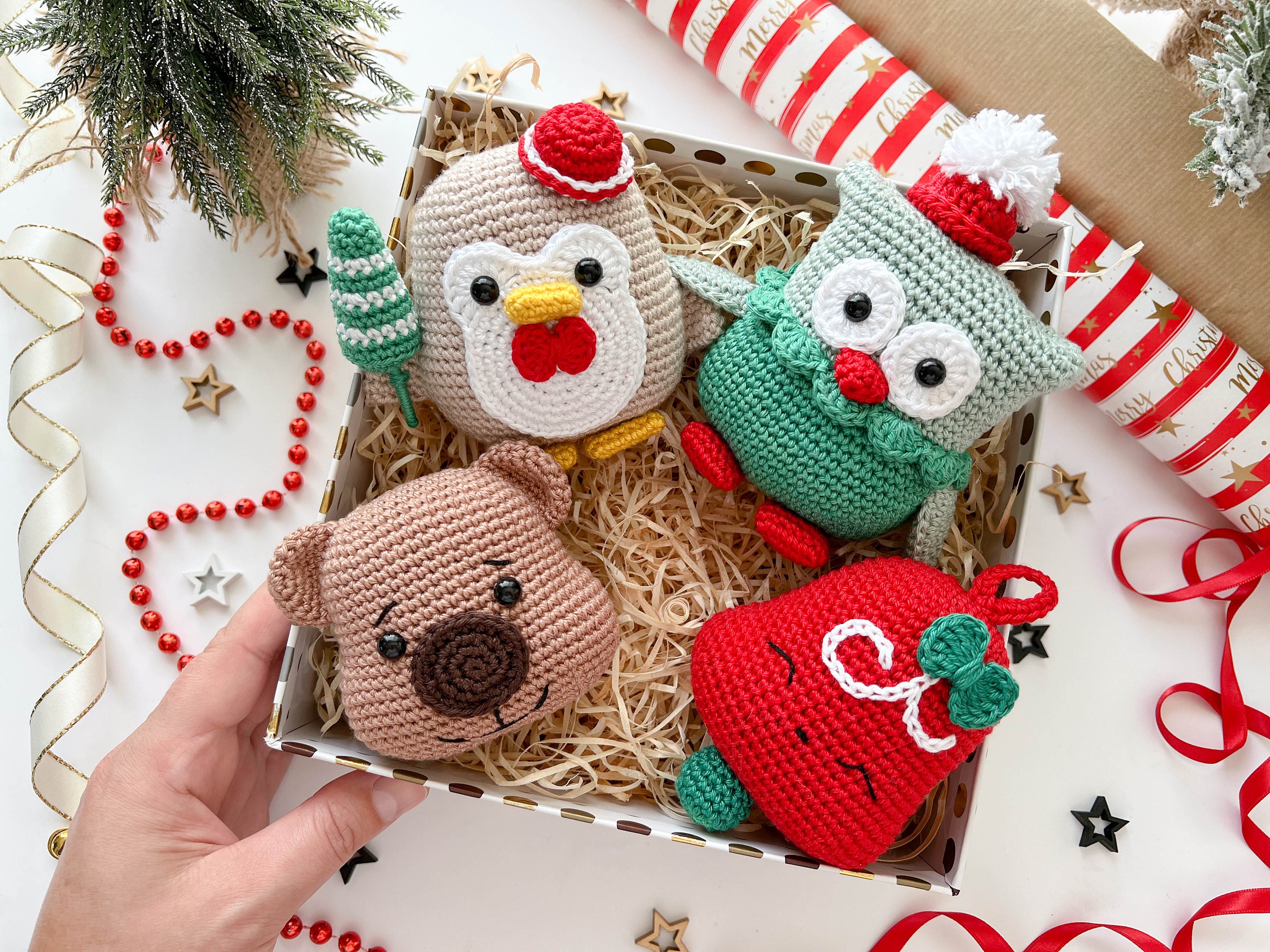 Christmas Crochet Ornaments Owl Penguin Bell and Bear/ picture