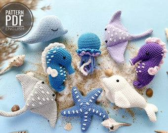 Crochet Sea Animals: sea horse, jellyfish, beluga, whale, starfish and stingray, Pattern, PDF, English, Amigurumi, Crochet toys