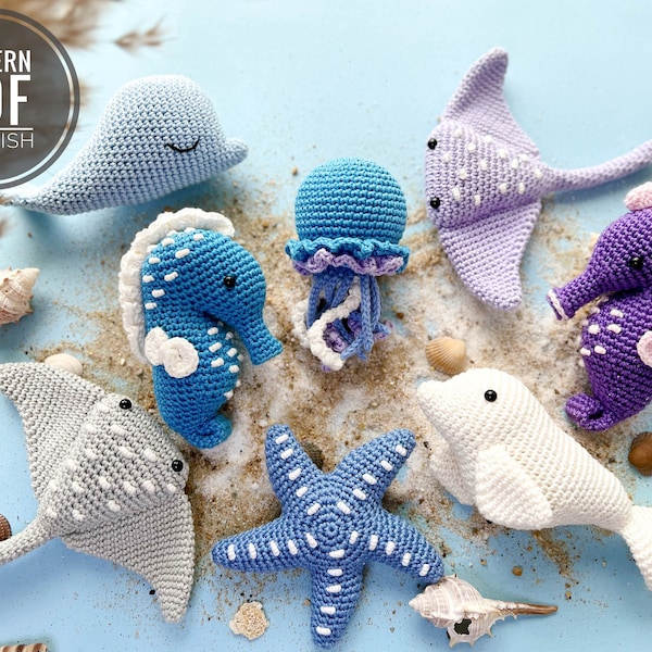 Animaux marins au crochet : hippocampe, méduse, béluga, baleine, étoiles de mer et raies pastenagues/motif/PDF/anglais uniquement/amigurumi, animaux marins