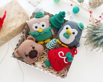 Crochet Christmas Bundle: Penguin, Owl, Bear and Bell, Christmas Gift, Christmas Tree Decoration, Christmas Decoration Toys