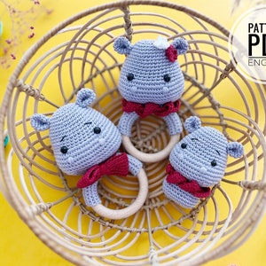 Crochet Hippo teether/rattle and baby, Pattern, PDF, English, Amigurumi, Baby toy, Stuffed toy, Baby shower