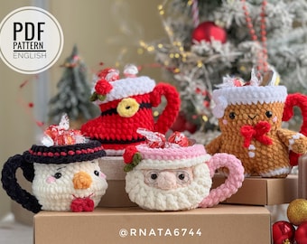 Gehäkelte Weihnachtstassen: Nikolaus, Stiefel, Ingwer und Schneemann (PDF)