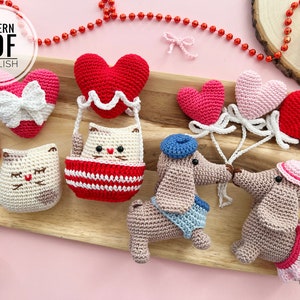 Patroon gehaakt valentijnsspeelgoed: amigurumi honden, katten, harten (pdf)