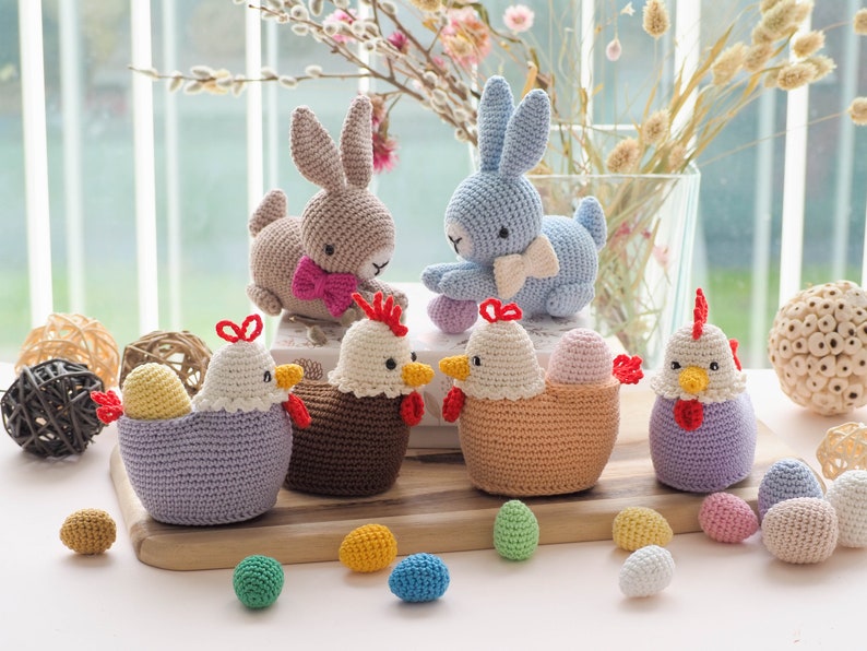 Osterdeko zu häkeln: Küken mit Ei, Hahn, Hase mit Schleife und Hase mit Spitze /Muster/PDF/English only/ Amigurumi, Osterspielzeug Bild 4