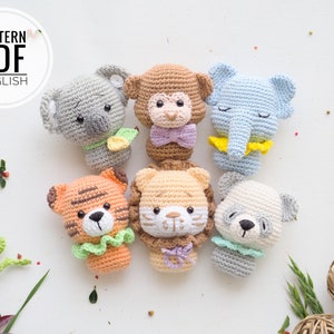 Crochet Mini Toys: elephant, tiger, panda, koala, lion and monkey /Pattern/PDF/English only/ Amigurumi, Baby Mobile Toy, Safari toys image 1