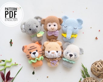 Mini juguetes de ganchillo: elefante, tigre, panda, koala, león y mono /Patrón/PDF/Solo inglés/ Amigurumi, Juguete móvil para bebés, Juguetes Safari