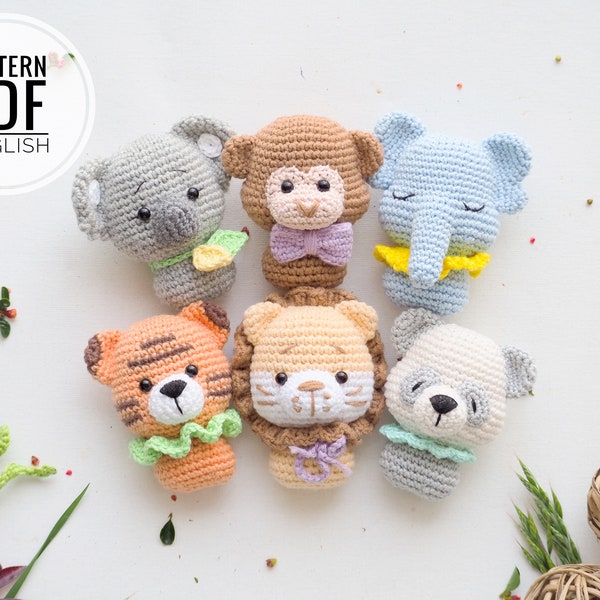 Mini jouets au crochet : éléphant, tigre, panda, koala, lion et singe /Motif/PDF/en anglais uniquement/ Amigurumi, jouet mobile pour bébé, jouets safari