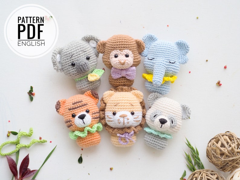 Crochet Mini Toys: elephant, tiger, panda, koala, lion and monkey /Pattern/PDF/English only/ Amigurumi, Baby Mobile Toy, Safari toys image 1