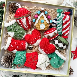 Crochet Christmas Ornaments: flashlight, gingerbread house, star, heart, glove, sock, candy and drum/Pattern/English only/PDF, Christmas