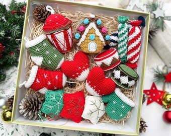 Crochet Christmas Ornaments: flashlight, gingerbread house, star, heart, glove, sock, candy and drum/Pattern/English only/PDF, Christmas