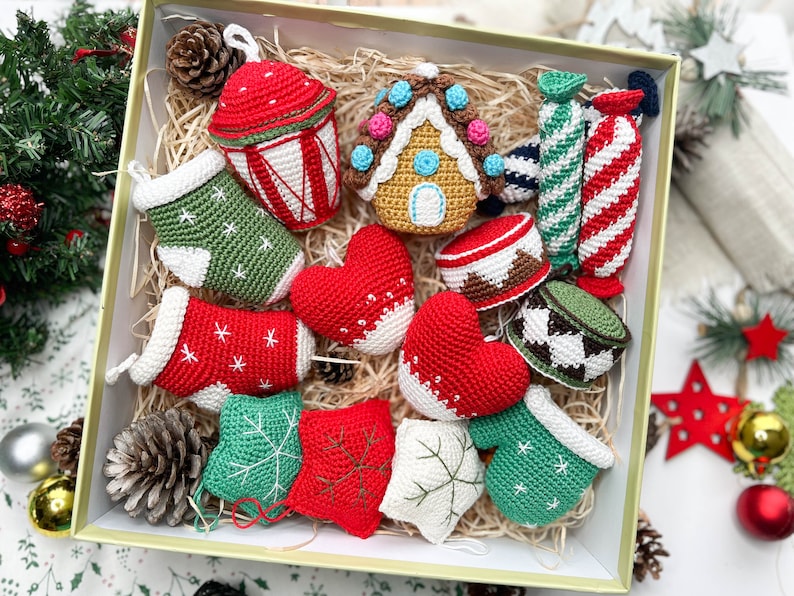 Crochet Christmas Ornaments: flashlight, gingerbread house, star, heart, glove, sock, candy and drum/Pattern/English only/PDF, Christmas image 1