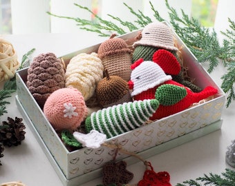 Crochet Christmas Decoration: Bird, Tree, Mushroom, Pine cone, Stars ans Acorn