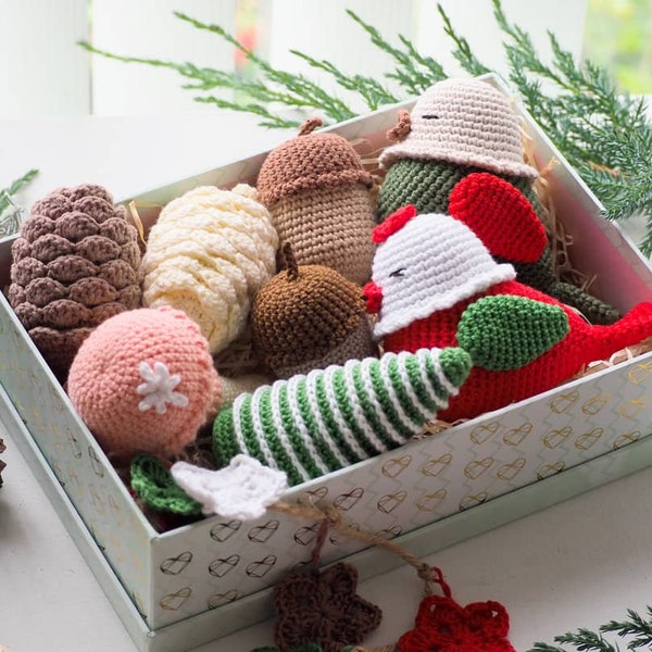 Décoration de Noël au crochet : oiseau, arbre, champignon, pomme de pin, étoiles, gland/Motif/PDF/anglais uniquement/Décorations de Noël, cadeau de Noël