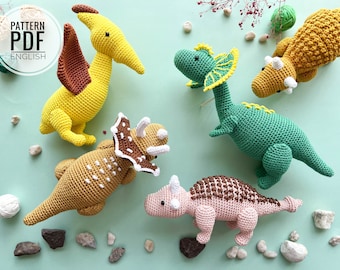 Crochet Dinosaures : dilophosaure, ptérodactyle, ankylosaures et tricératops/Pattern/PDF/ Anglais seulement/ Amigurumi, Dinosaures, Jouets dinosaures