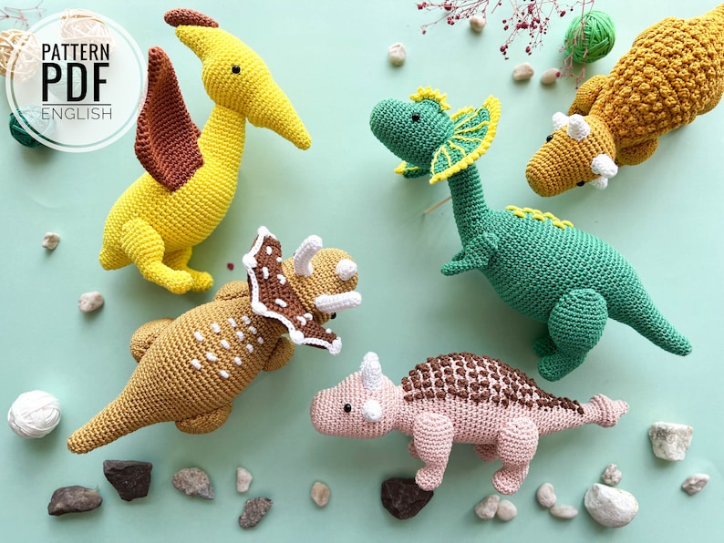 Crochet Dinosaurs: dilophosaurus, pterodactyl, ankylosaurs and triceratops/Pattern/PDF/ English only/ Amigurumi, Dinosaurs, Dinosaurs toys image 1